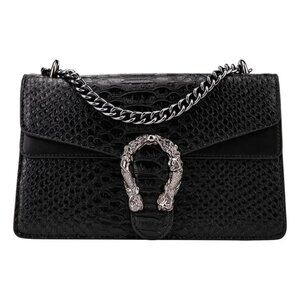 Italian Leather Snakeskin Crossbody w Chain Strap Horseshoe Clasp - Black